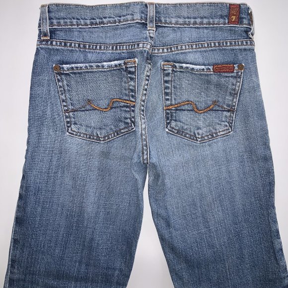 7 FOR ALL MANKIND SIZE 25x25 "CROPPED" LENGTH BOOTCUT BLUE JEANS MADE IN USA - Picture 1 of 6